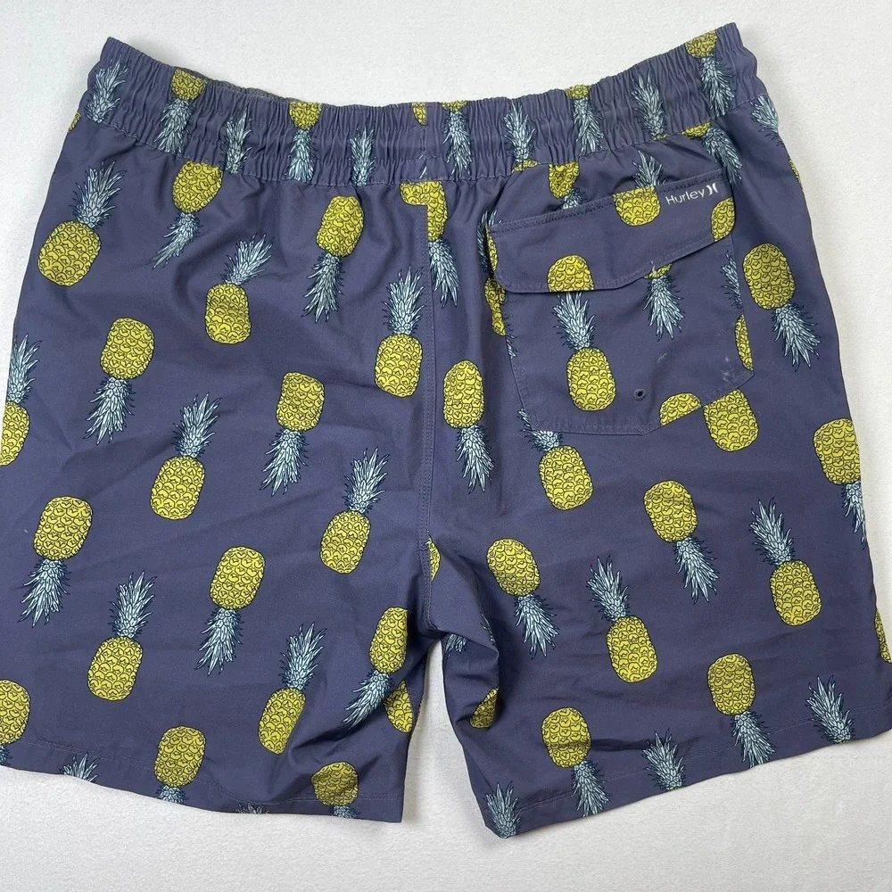 Hurley Swim Shorts Men's Large Gray Pineapple Print Nylon‎ Stretch Drawstring
